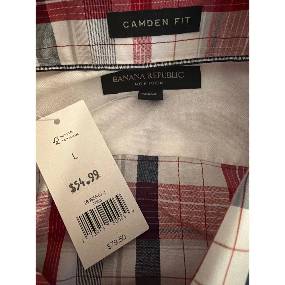 Banana Republic Men L Camden Fit Non-Iron Plaid Button Down Shirt Red Navy White